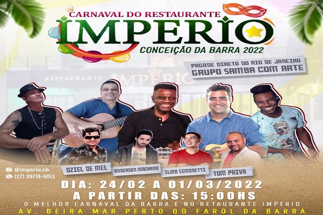 Venha curtir o carnaval com sua família no restaurante e churrascaria Império, em Conceição da Barra-ES.